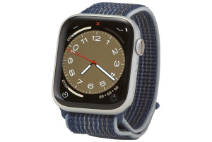 Apple Watch Series 8 (GPS + Cellular) 45-mm kast van zilverkleurig aluminium, stormblauw geweven sportbandje