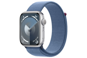 Apple Watch Series 9 (GPS) 45-mm met aluminium kast en geweven sportbandje - Zilver / Winterblauw
