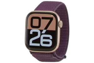 Apple Watch Series 10 (GPS) 42-mm met aluminium kast en geweven sportbandje - Roségoud / Pruimenpaars